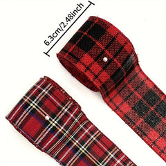1pc 4.57m Christmas Metallic Wired Edge Ribbon Red Check Stripes Ribbon Big Bow