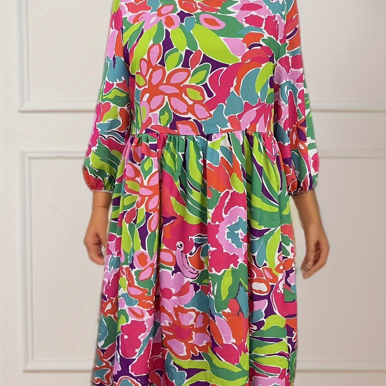 Dress Women's Plus Floral Print Sleeve Round Neck Loose Dress