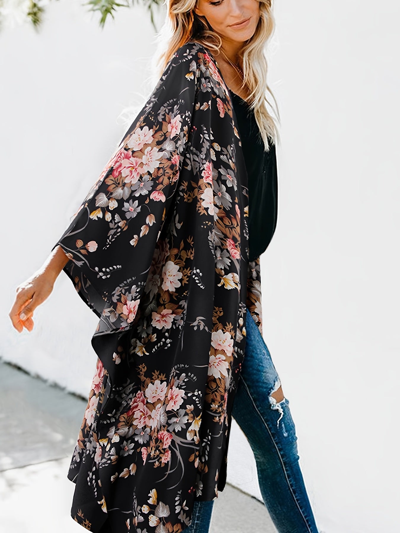 Floral Print Loose Cover Up Cardigan Kimono Sleeve