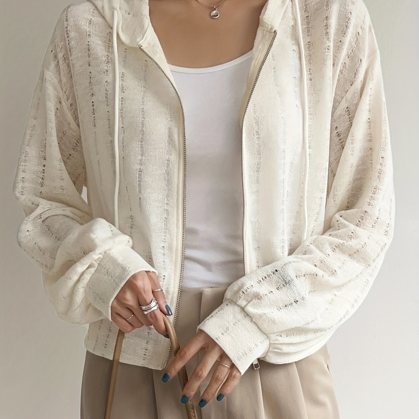 Drawstring Zipper Ripped Hoodie Long Sleeve Outwear