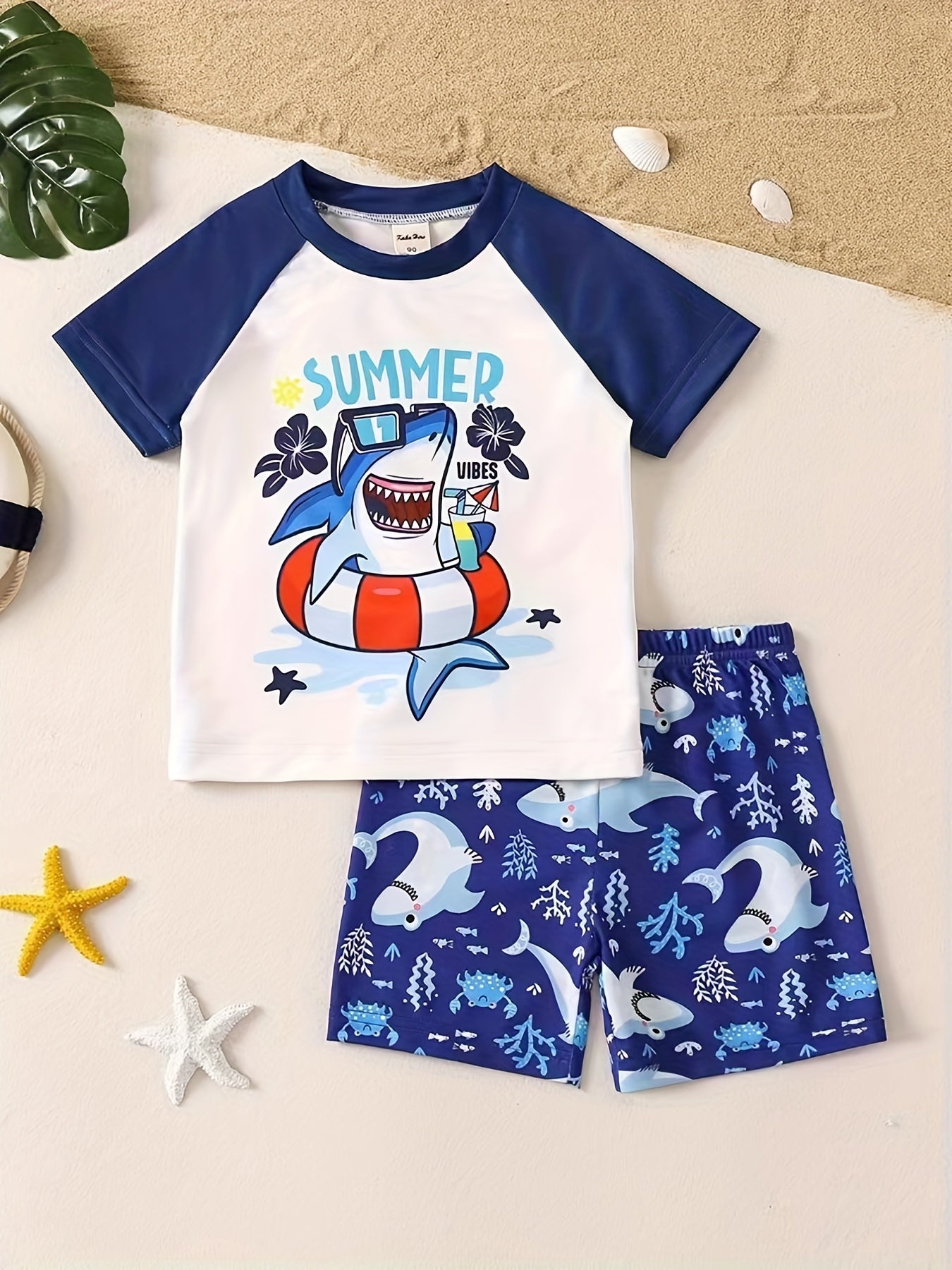 Boys Happy Shark Swim Suit & Trunks Set for Beach Vacation