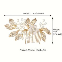 Flower & Leaf Charm Rhinestone Hair Comb Pearl Decor Wedding Headwear