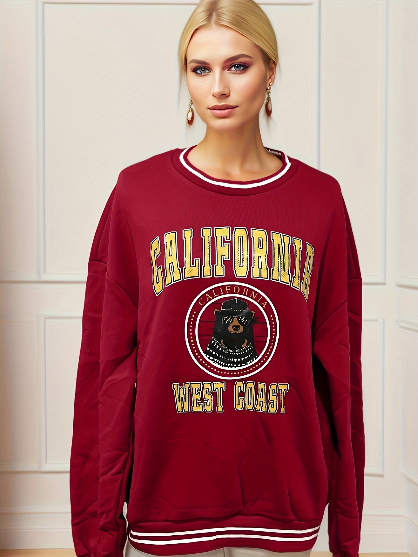 California Letter Print Sweatshirt Crew Neck Long Sleeve Casual Women's Top