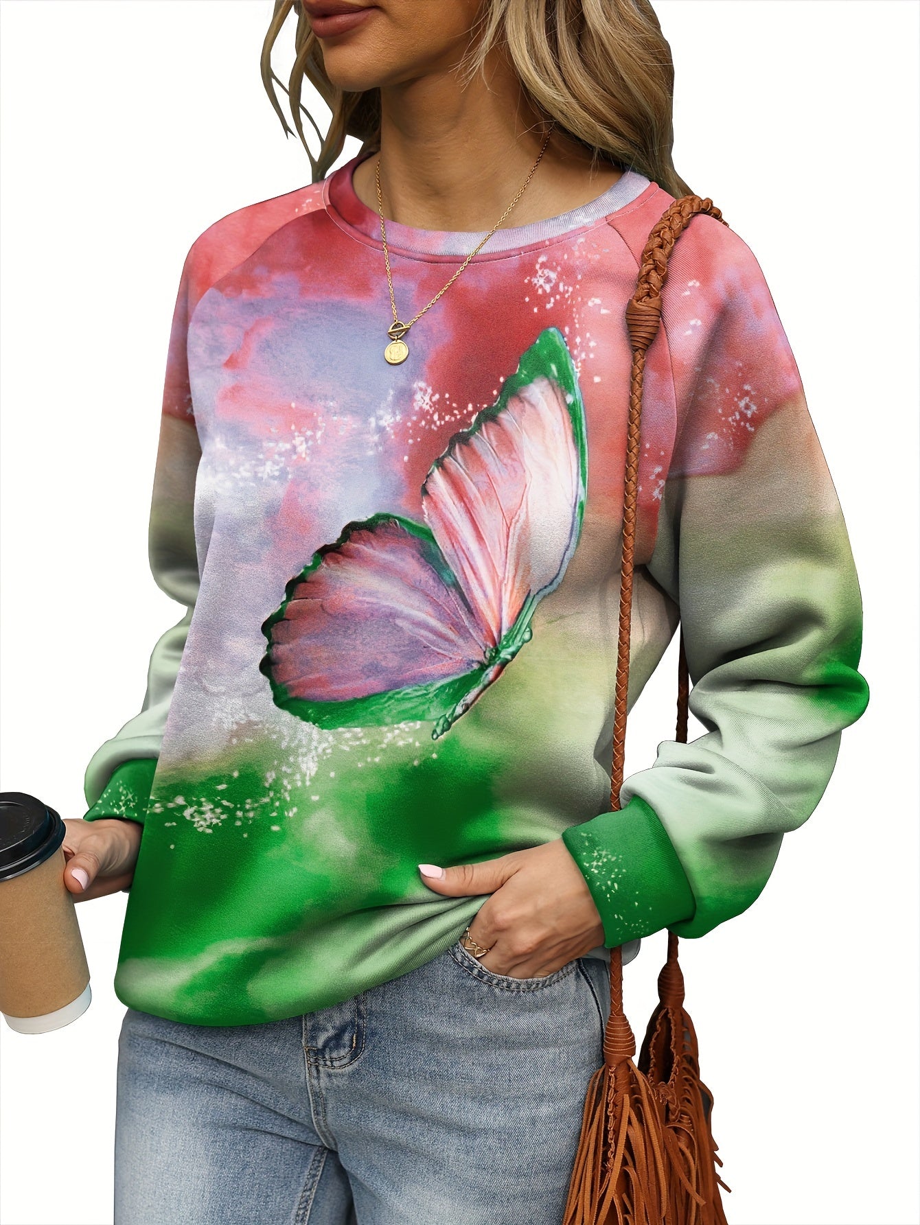 Butterfly Print Sweatshirt Crew Neck For Women