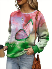 Butterfly Print Sweatshirt Crew Neck For Women