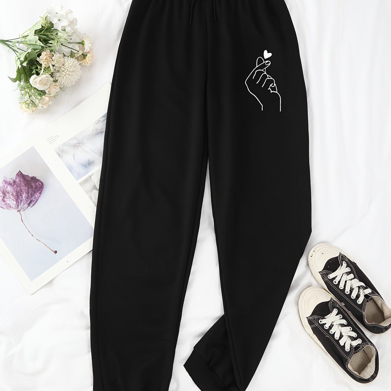 Heart Print Pants Casual Drawstring Elastic Waist Jogger Pants