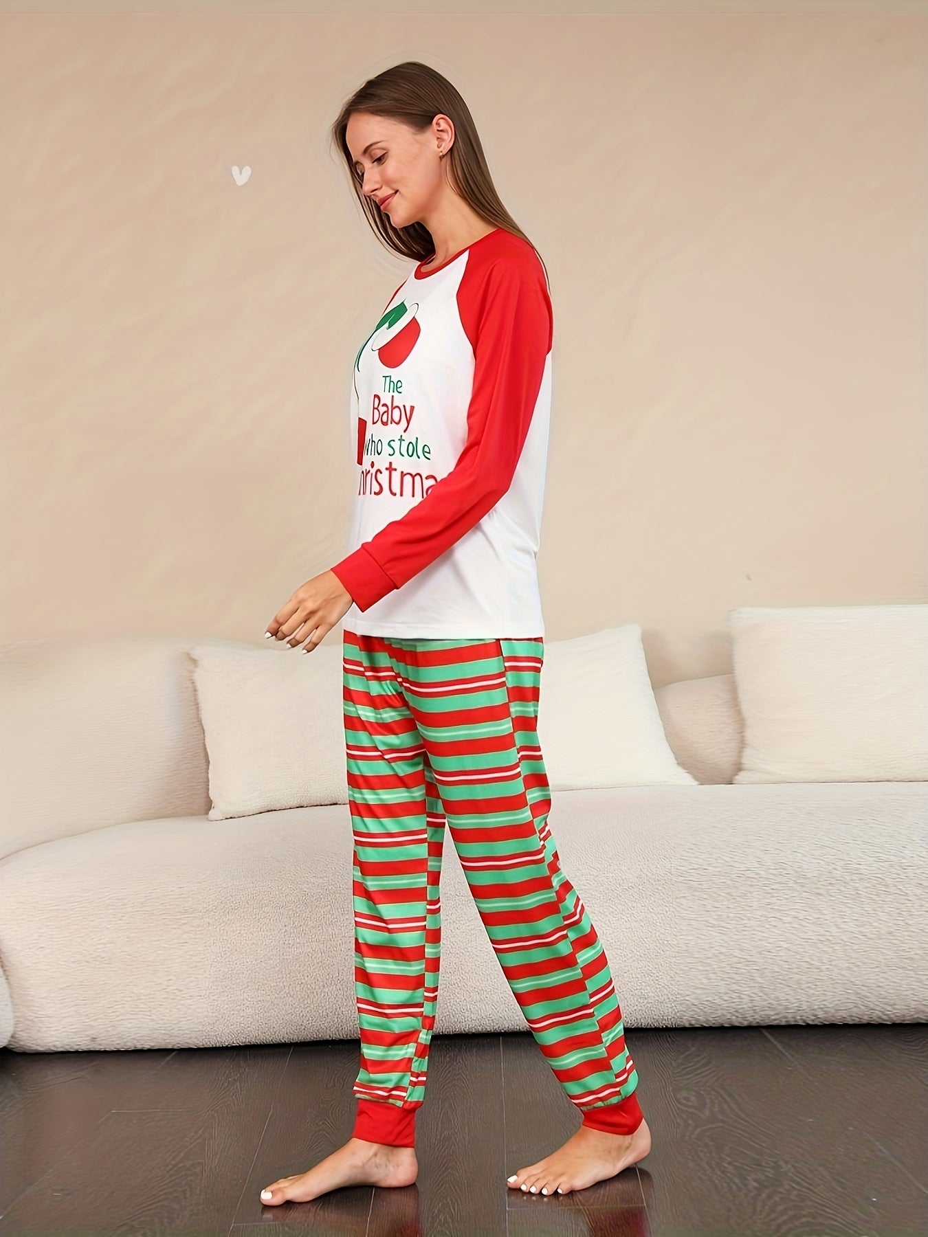 Print Christmas Pajama Set Long Sleeve Top & Striped Pants Women's Sleepwear