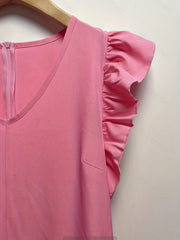 Ruffle Trim Cap Sleeve V Neck Jumpsuit
