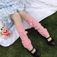Pompom Knitted Leg Warmers Lolita Knee High Socks Women's Stockings