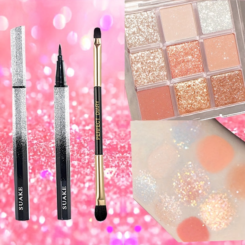 9-Color Eyeshadow Palette with Eyeliner and Brush Set