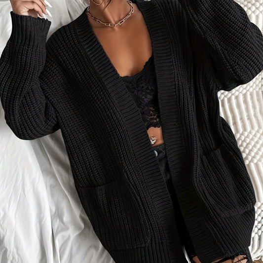 Knitted Open Front Pocket Cardigan Long Sleeve