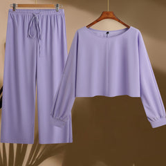 Solid Lantern Sleeve Top & Drawstring Pants Set