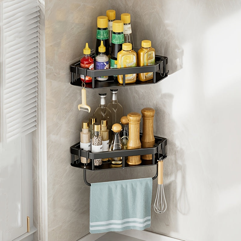 Adhesive Corner Shelf Wall Mounted with Hooks for Kitchen Bathroom