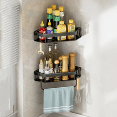 Adhesive Corner Shelf Wall Mounted with Hooks for Kitchen Bathroom