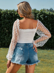 Off Shoulder Mesh Pom Dot Blouse Long Sleeve