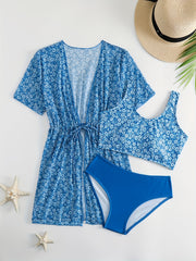 Girls' Tropical Print Bikini Set with Sunscreen Cardigan Shirt