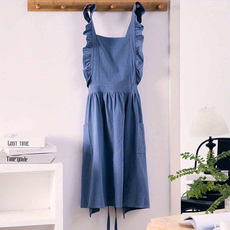 Lotus Leaf Lace Cotton Linen Apron Kitchen Cafe Work Apron