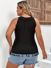 Casual Ribbed Halter Neck Tank Top with Fringe Trim
