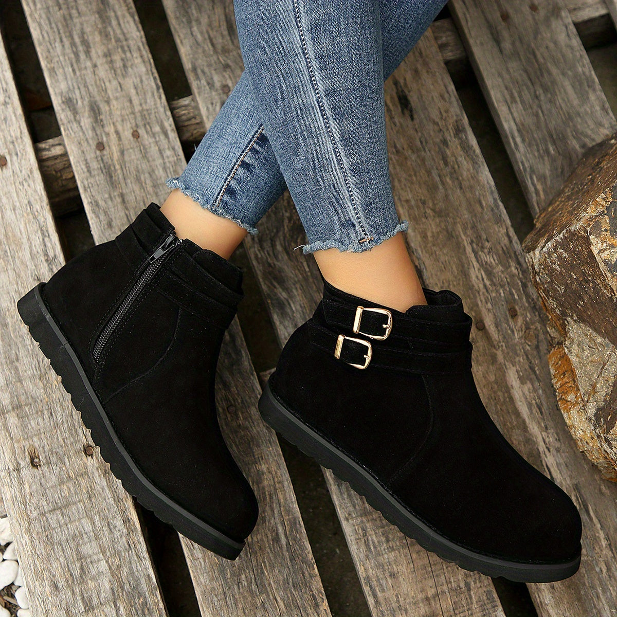 Women's Metallic Buckle Platform Boots with Side Zipper