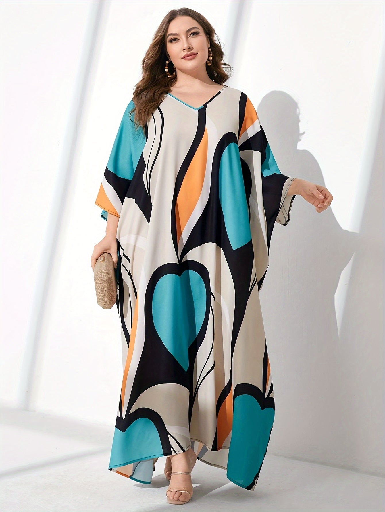 Contrast Colorblock Batwing Sleeve V Neck Maxi Dress