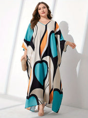 Contrast Colorblock Batwing Sleeve V Neck Maxi Dress