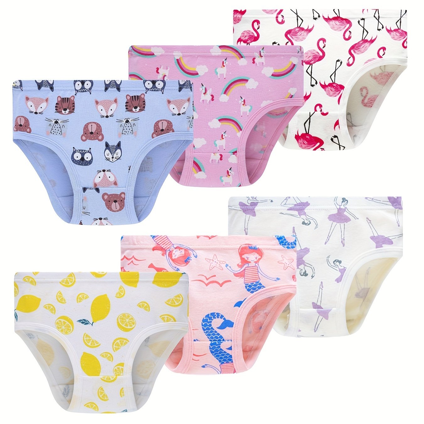 6pcs Girls Triangle Panties Cartoon Fruits Animals Print Elastic Waist Underwear