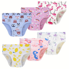 6pcs Girls Triangle Panties Cartoon Fruits Animals Print Elastic Waist Underwear