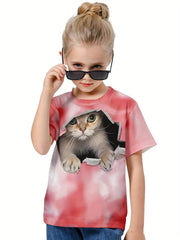 3D Cat Graphic Short Sleeve T shirt Girls Summer Sports