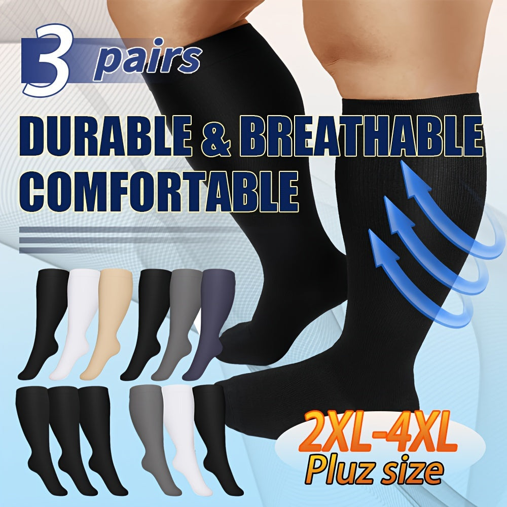 3 Pairs Plus Size Compression Socks 15-20mmHg Wide Calf Knee High Stocking