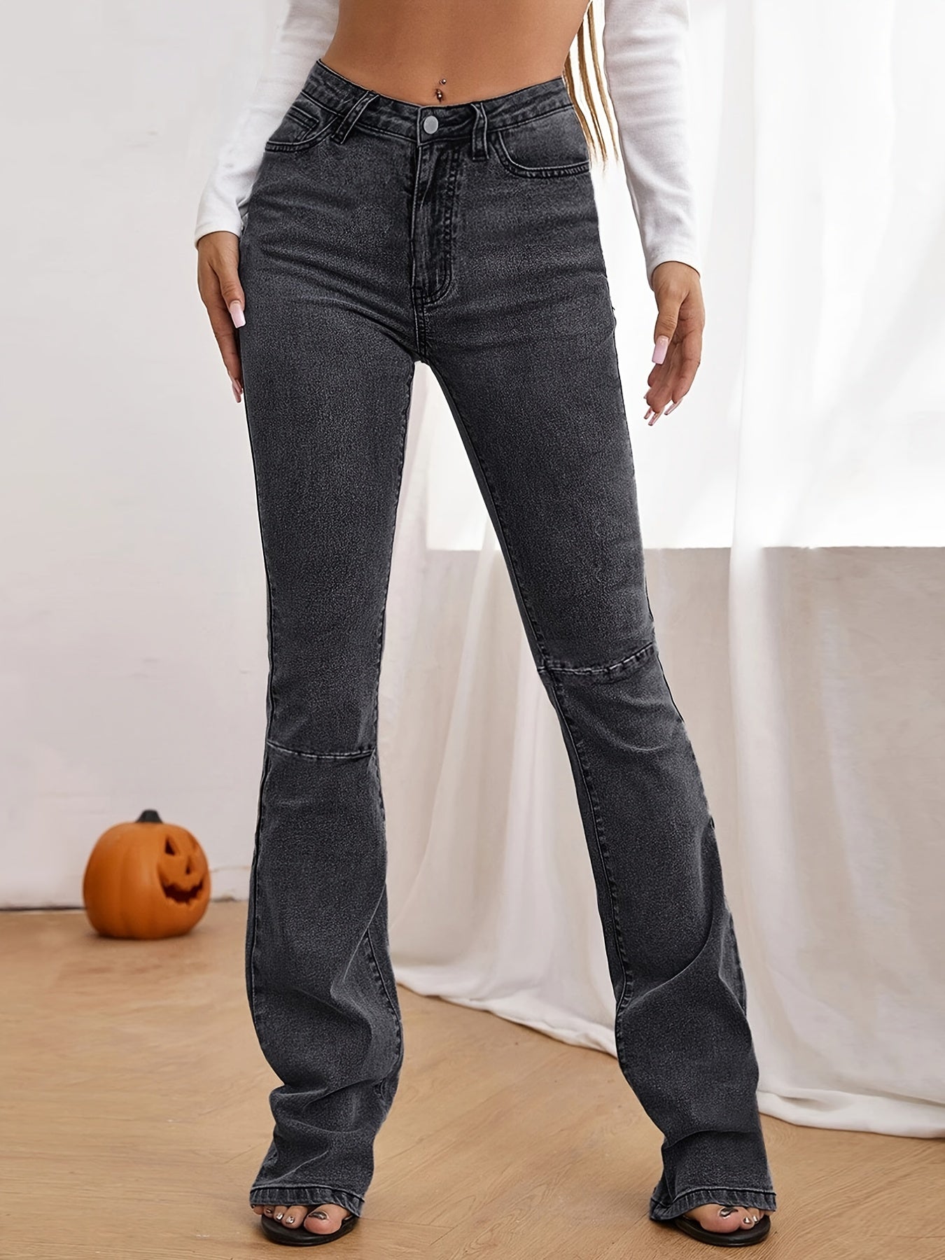 High Rise Cut Off Washed Grey Bootcut Jeans