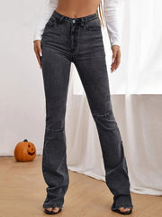 High Rise Cut Off Washed Grey Bootcut Jeans