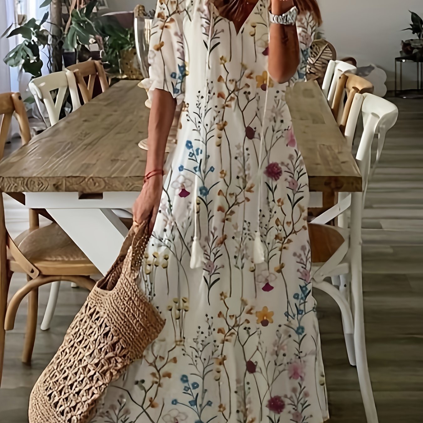 Women's Plus Floral Print V Neck Maxi Smock Dress