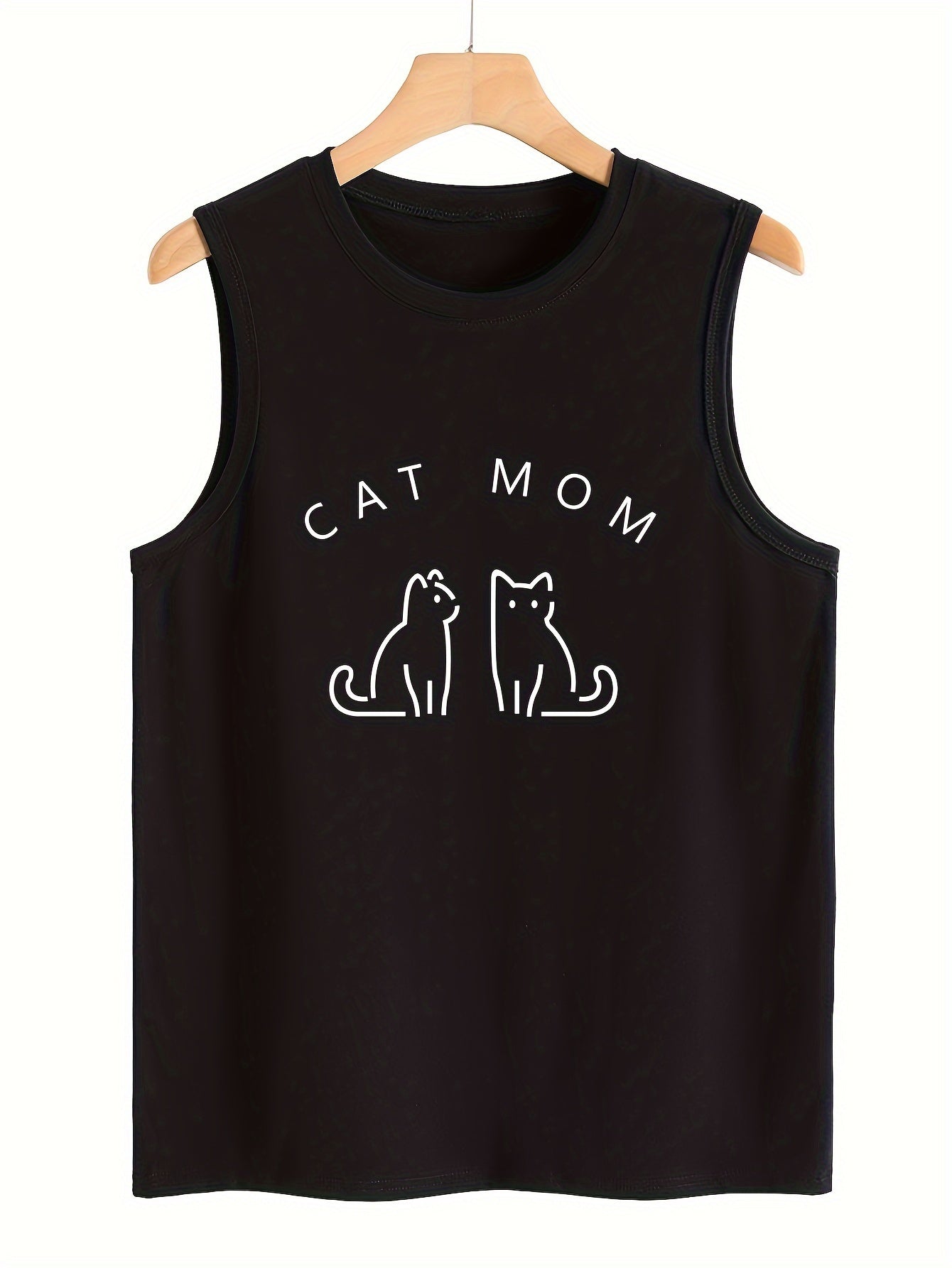 Cat & Letter Print Sleeveless Sports Vest Round Neck Casual Tops
