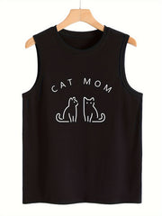 Cat & Letter Print Sleeveless Sports Vest Round Neck Casual Tops