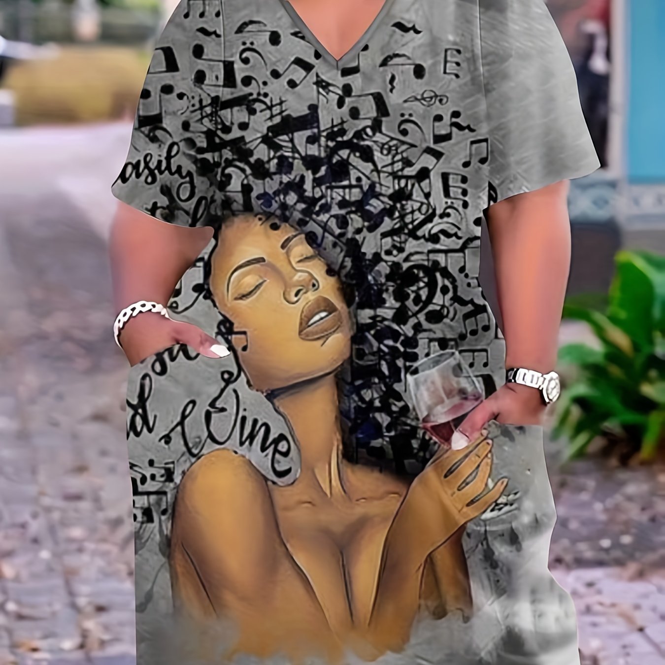 Casual Dress Women's Plus Cartoon Print Short Sleeve V Neck Dress