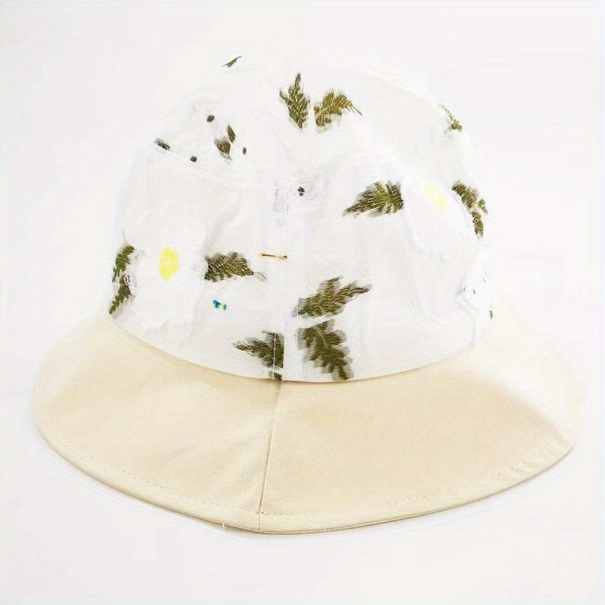 Flower Print Mesh Bucket Hat Thin Embroidery Basin Hat Sunscreen Fisherman Cap