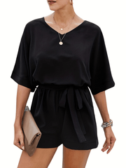 Casual Short Sleeve Romper Jumpsuit with Tie Waist