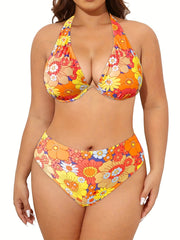 Floral Print Backless Halter Bikini Set Plus Size
