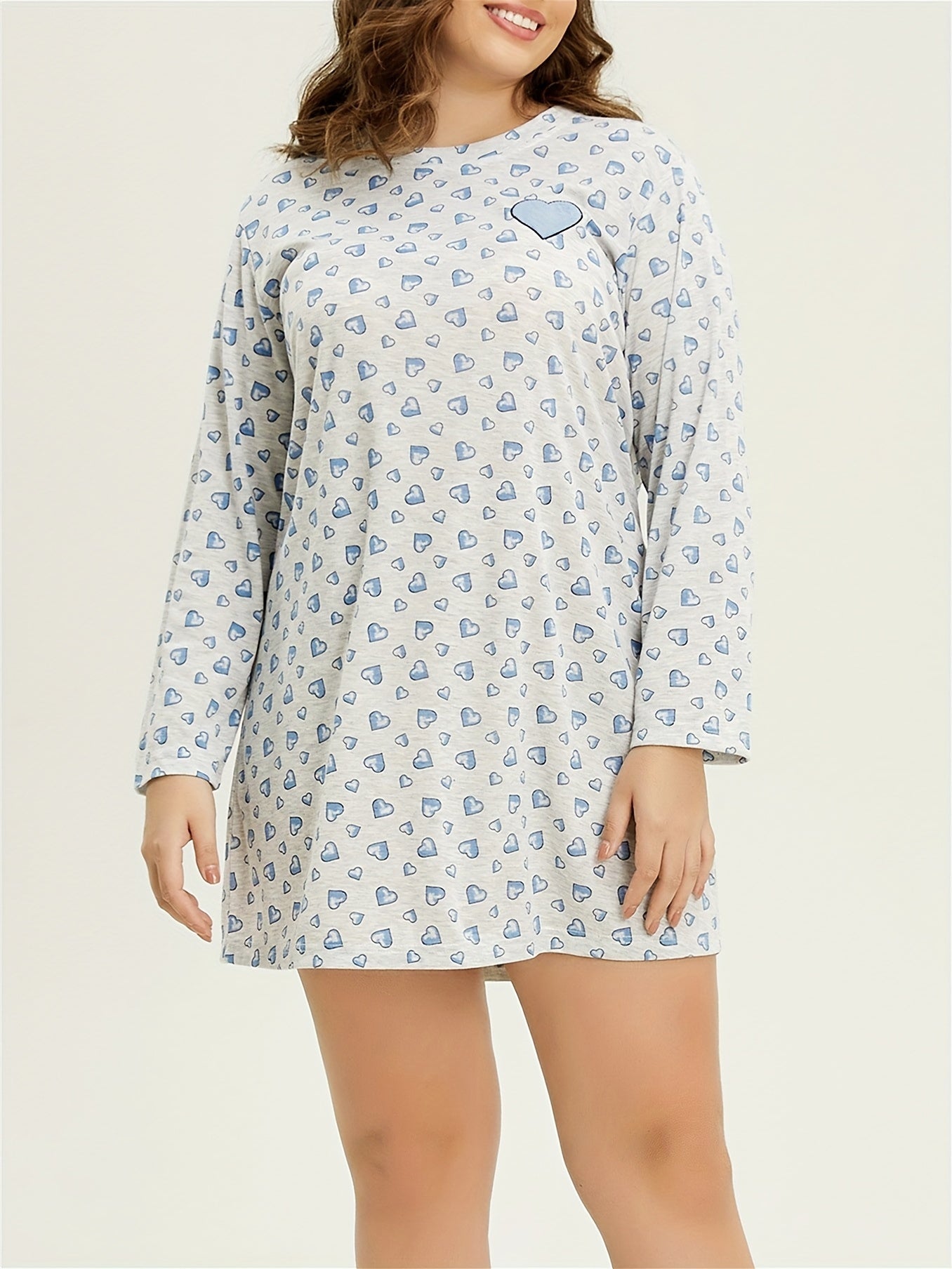Heart Print Long Sleeve Round Neck Tee Sleep Dress