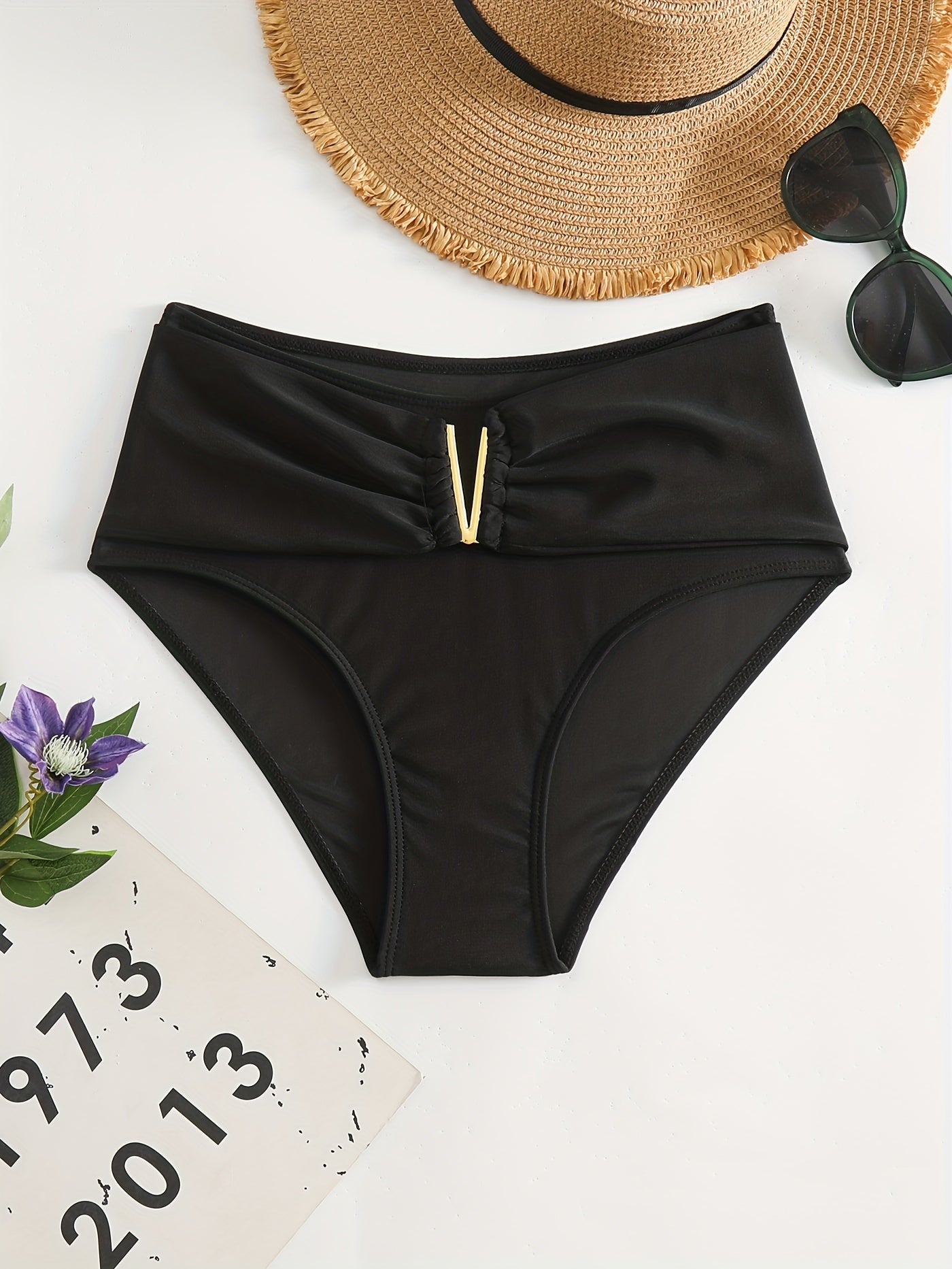 V Metal Decor Ruched High Waist Bikini Bottoms Solid High Stretchy Swimwear
