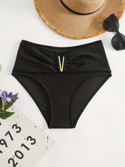 V Metal Decor Ruched High Waist Bikini Bottoms Solid High Stretchy Swimwear