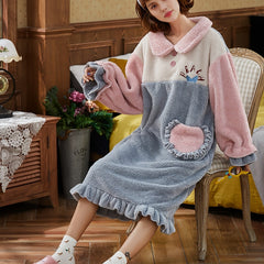Thermal Colorblock Teddy Warm Pajamas Dress Women's Loungewear