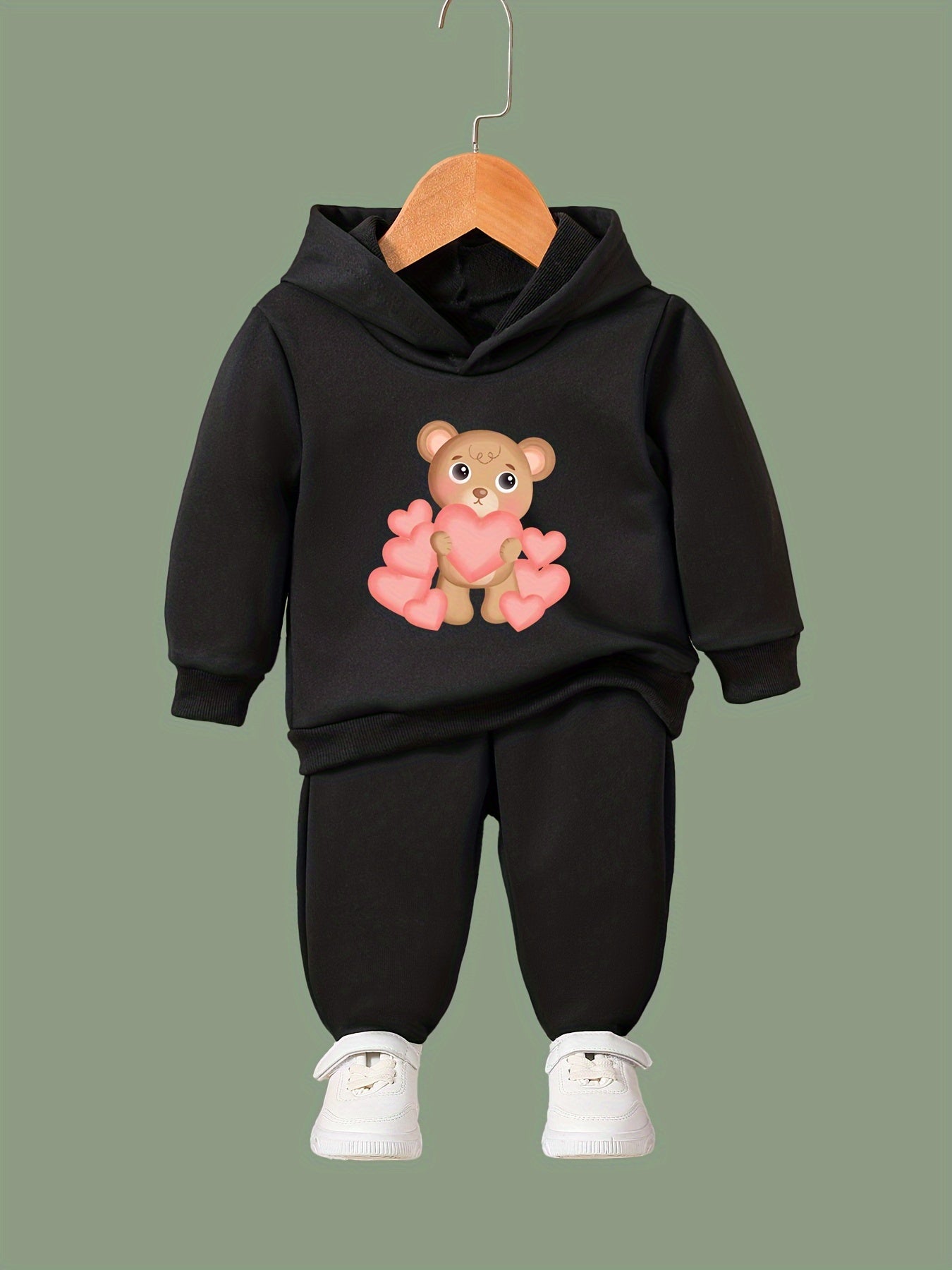 Heart Bear Print Hooded Pullover Pants Set for Kids