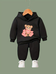 Heart Bear Print Hooded Pullover Pants Set for Kids
