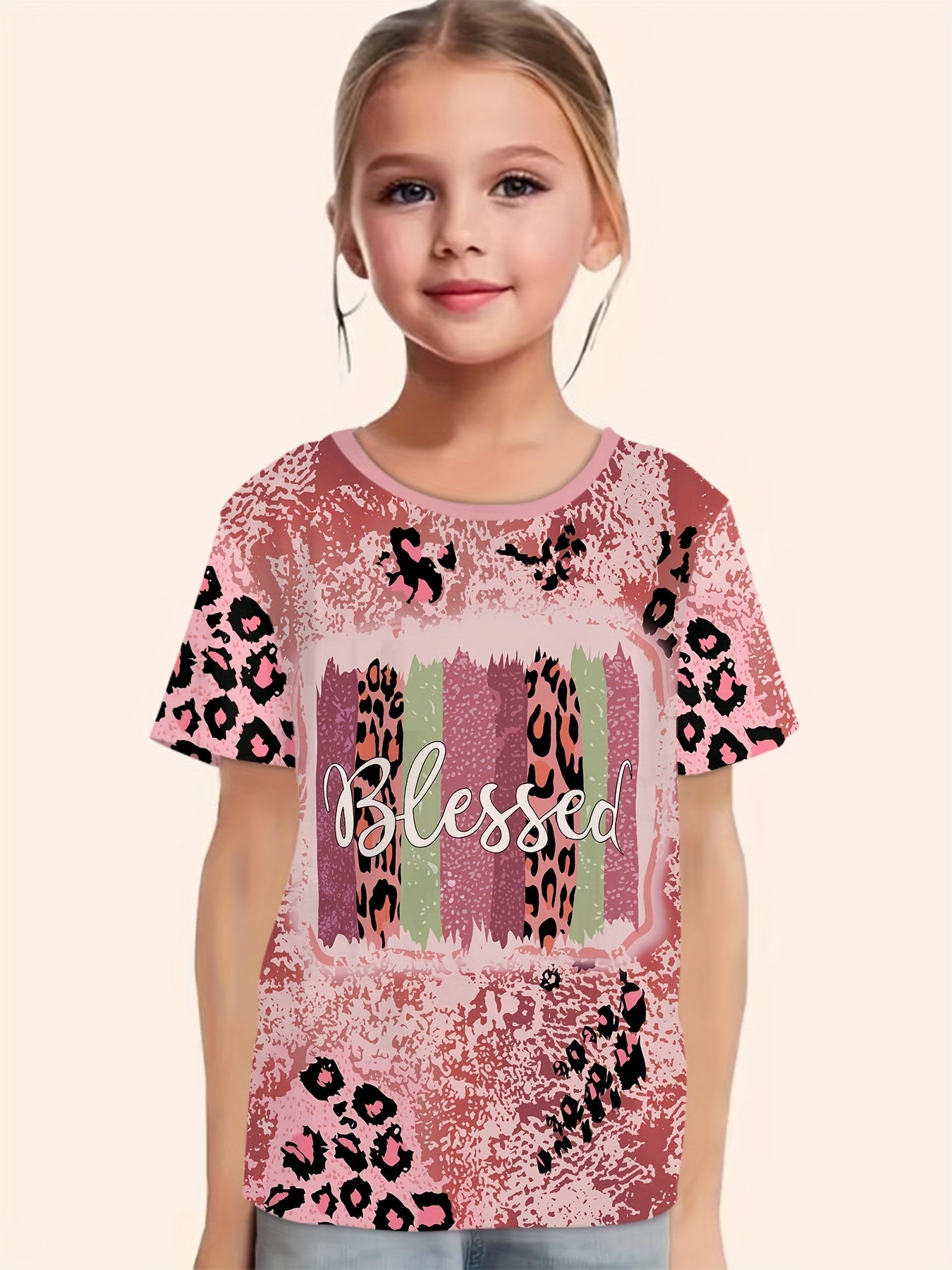 BLESSED Leopard Print Short Sleeve T-shirt Girls Summer Sports Pullover