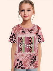 BLESSED Leopard Print Short Sleeve T-shirt Girls Summer Sports Pullover
