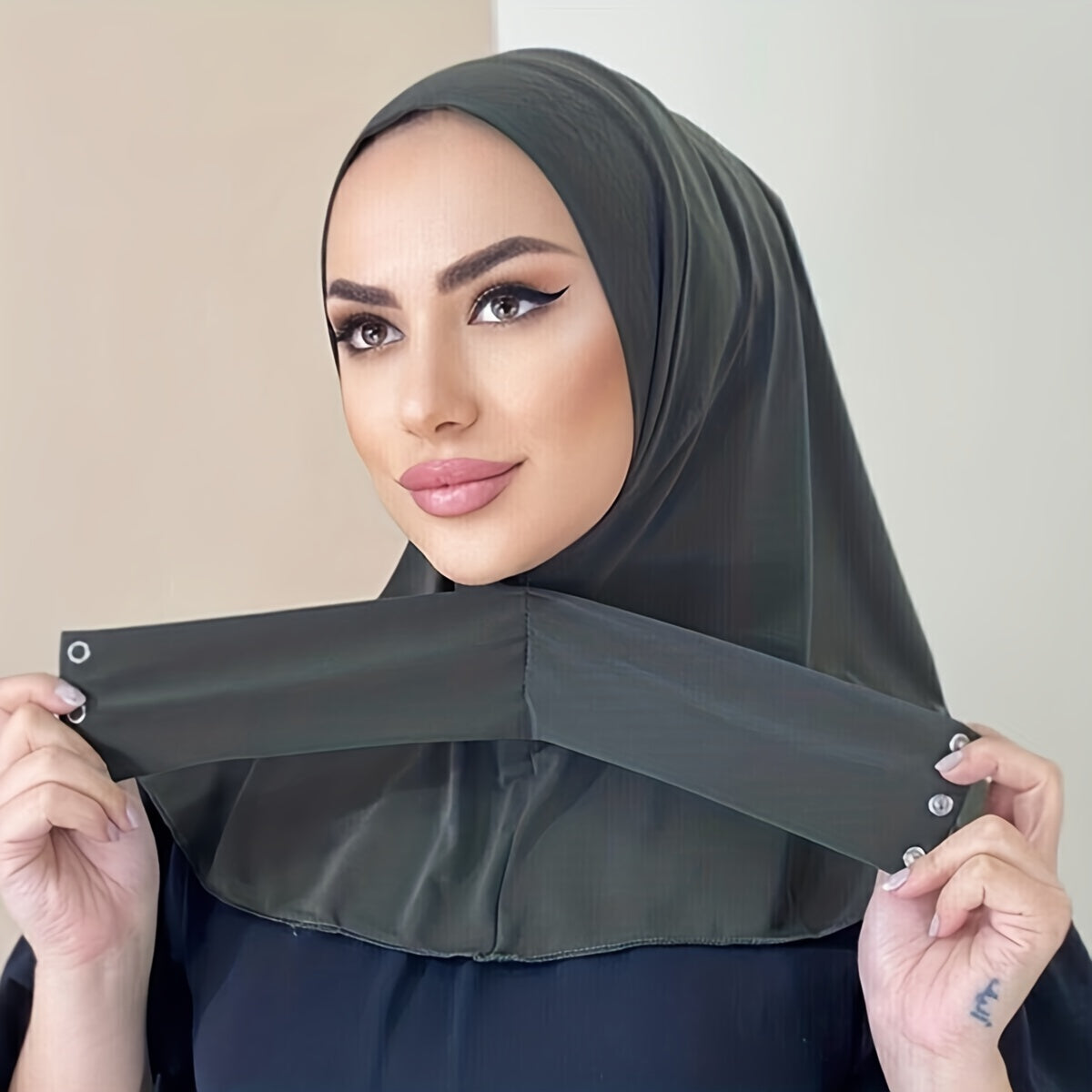 Elastic Hijab With Button Solid Turban Under Scarf Cap