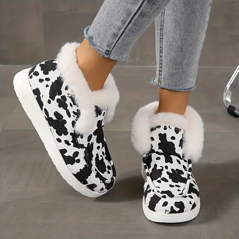 Women's Cow Print Warm Snow Shoes Soft Outdoor Ankle Shoes
