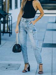 Flap Pockets Straight Jeans High Waist Non Stretch Cargo Pants