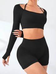 2Pcs Crop Tee & High Waist Short Sporty Set Women's Activewear